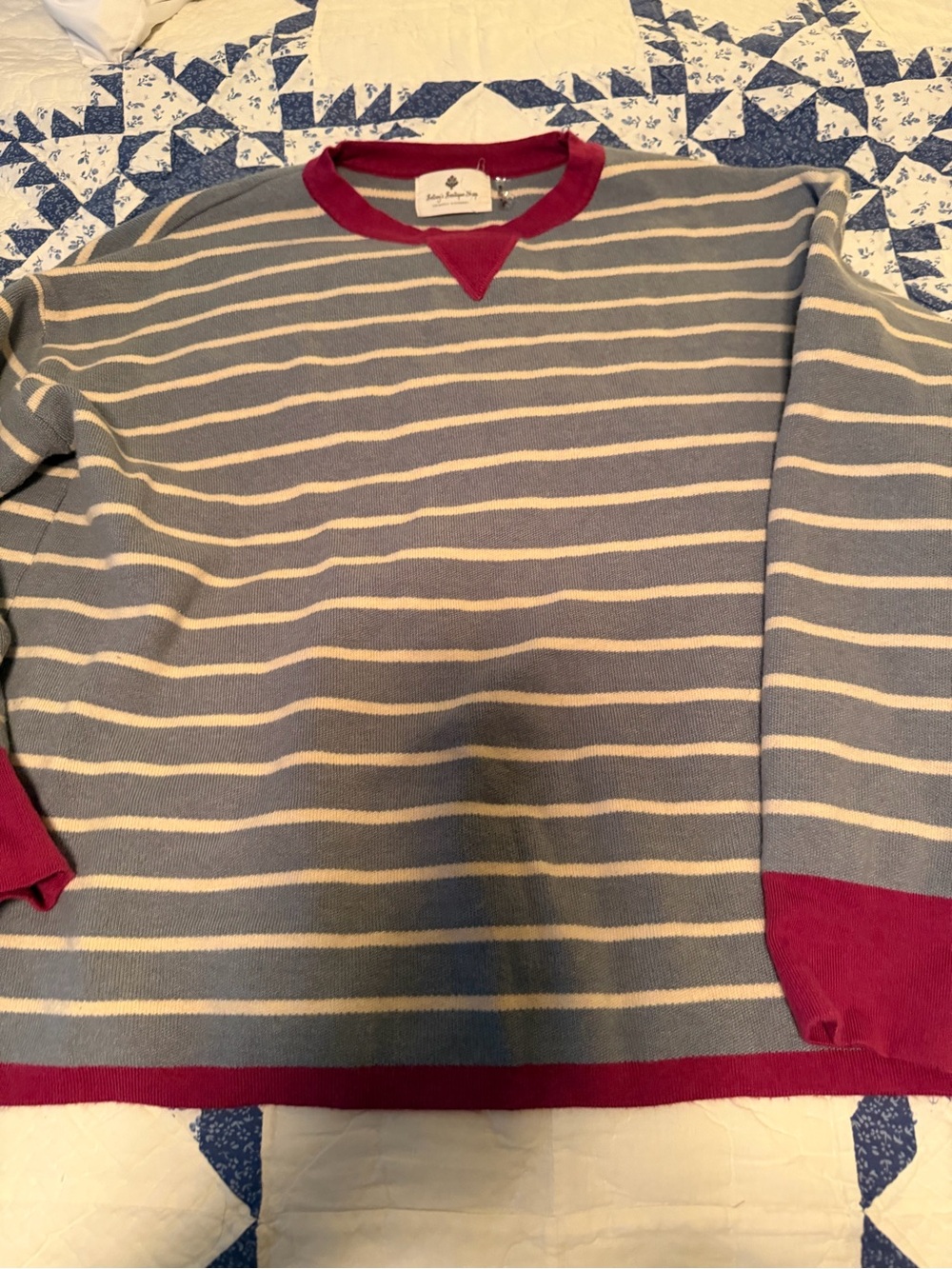 Woman’s Striped Crewneck Sweater Shirt in Blue and White with Burgundy Trim